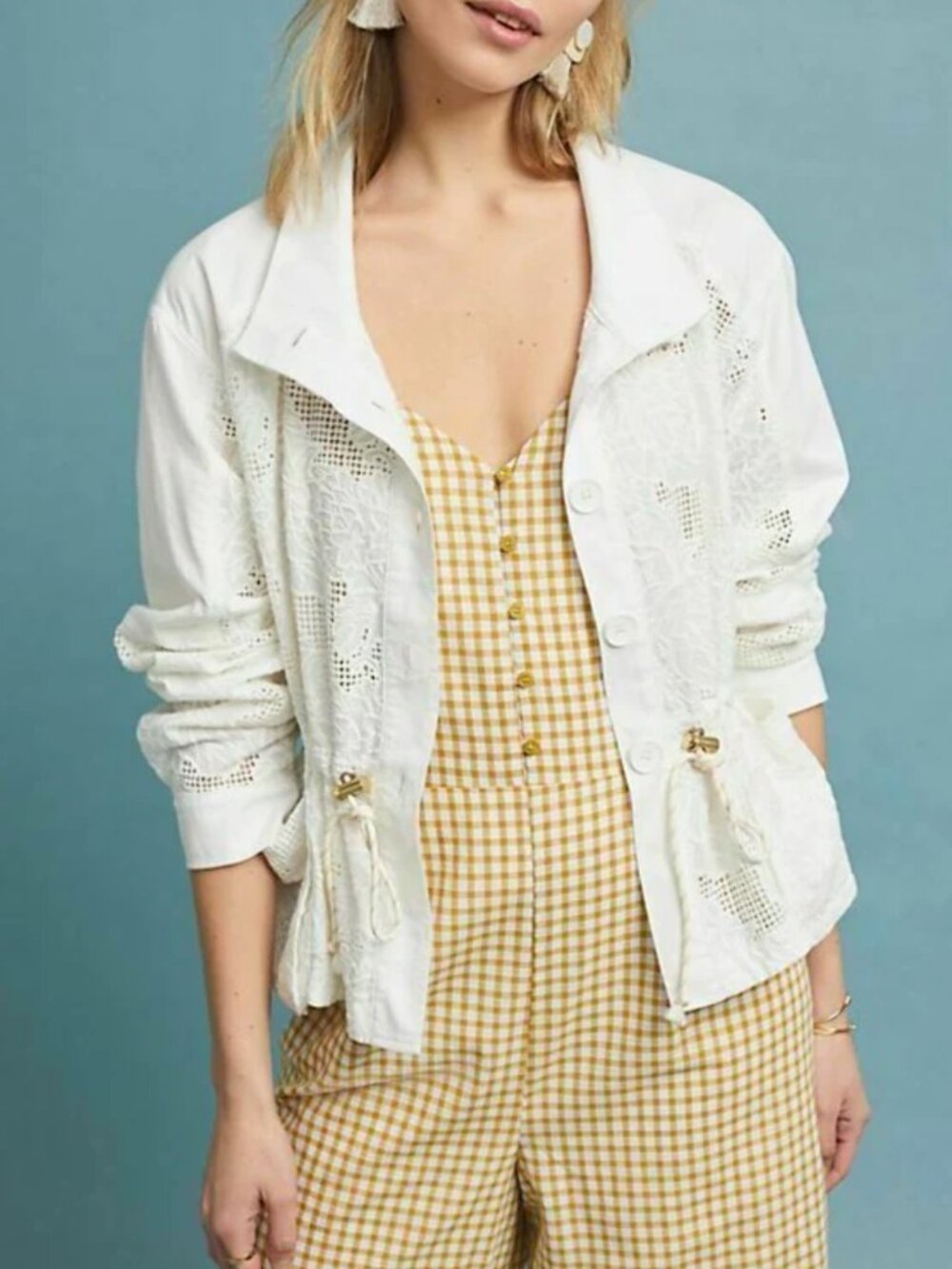 Anthropologie White Eyelet Cotton Anorak Jacket Drawstring XS